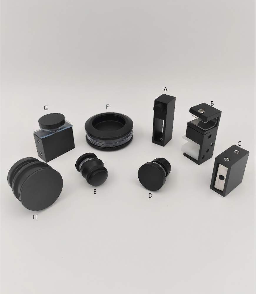 Frameless sliding shower door kit: rollers, stoppers, fittings and handle