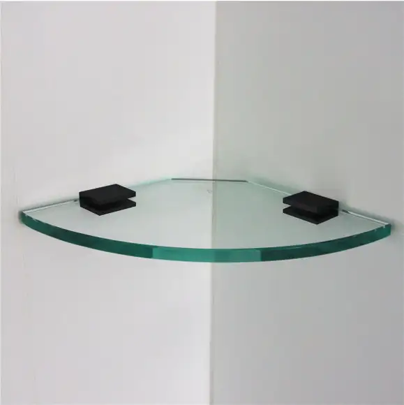 Glass shower shelf, 10 mm toughened, 200 or 250 mm radius