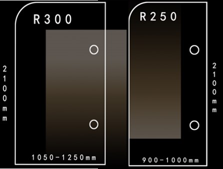 Stock fixed panel with radius top corner and bracket holes, 10 mm ultra clear, 2100 mm high