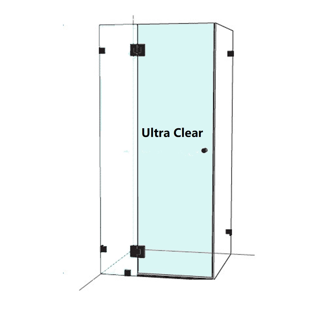 Stock shower door, 10 mm ultra clear toughened, 1985 mm high, hinge cut-outs and knob hole
