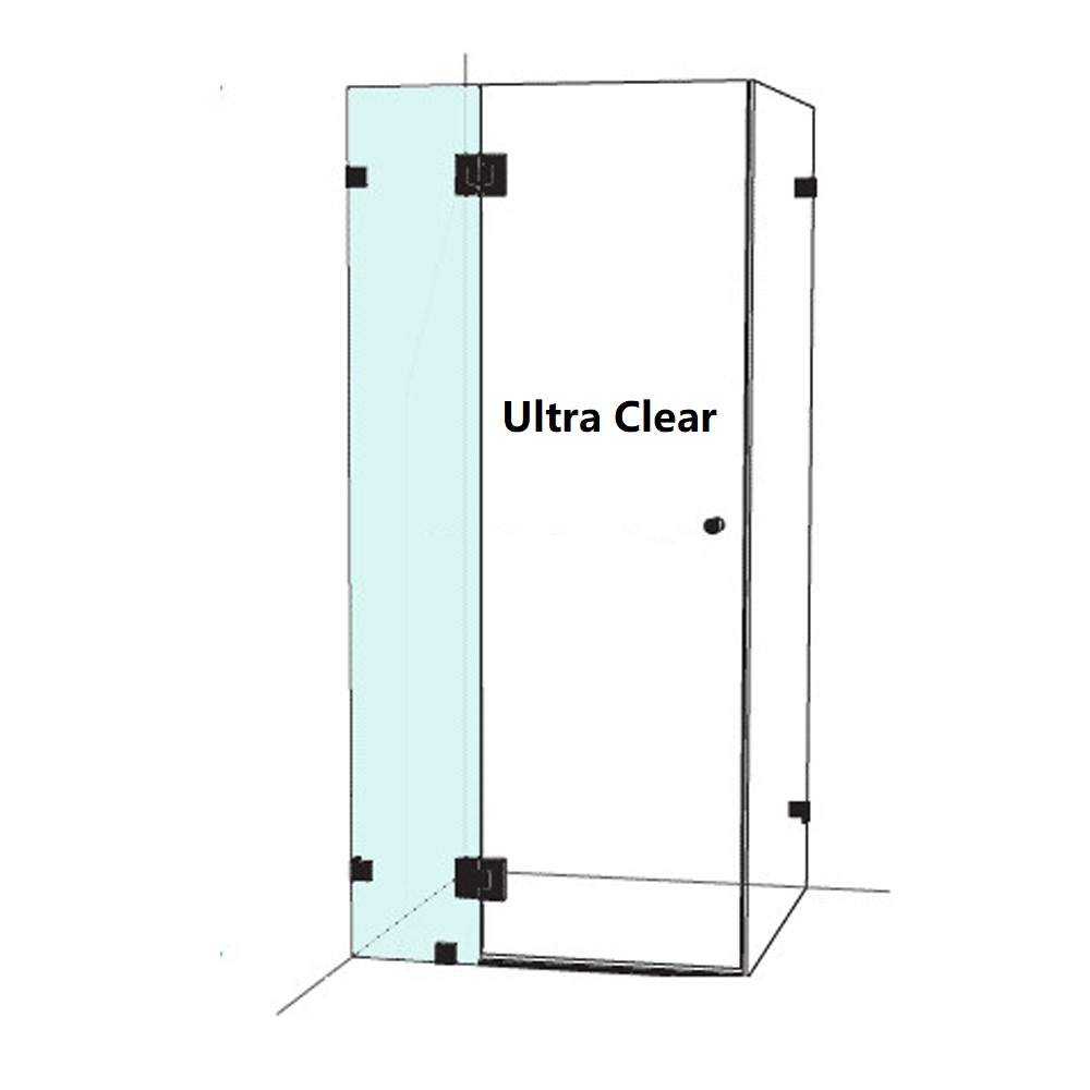 Stock hinge panel, 10 mm ultra clear toughened, 2100 mm high, hinge cut-outs